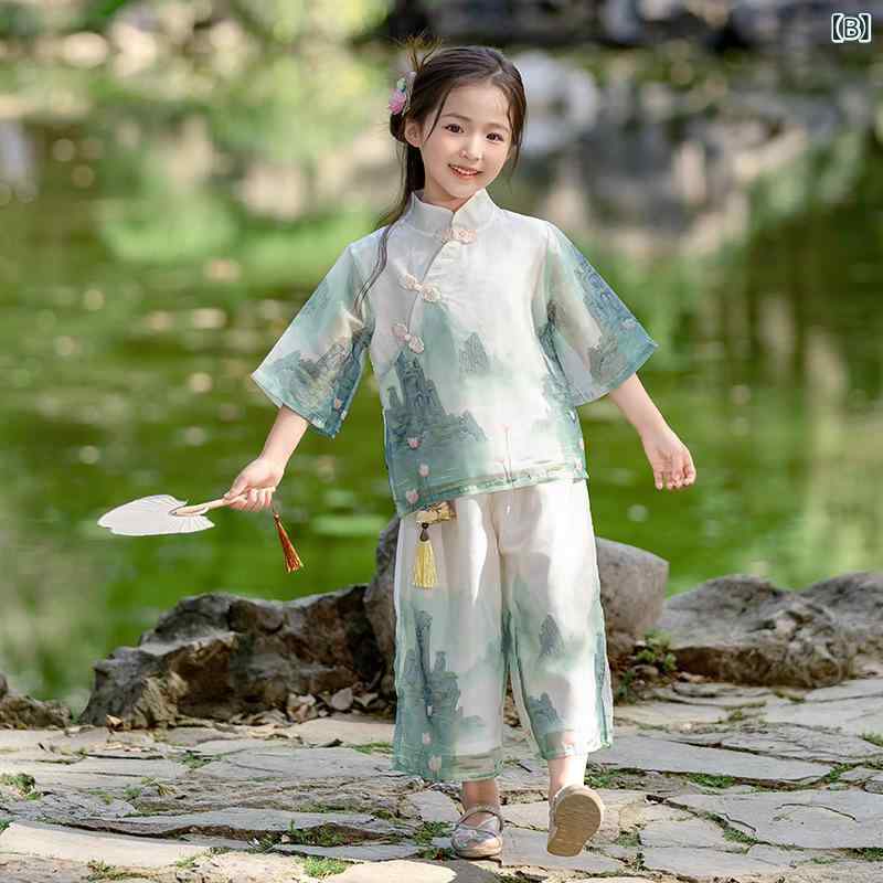 セットアップ キッズ 男女兼用 漢服 唐装 半袖 中国風 シフォン 柔らかい 涼しい ...