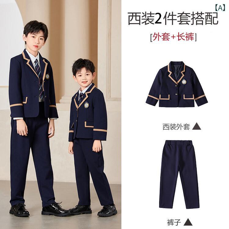 ふんわり暮らし鞄店のスーツ キッズ フォーマル 男の子 女の子 4点セット 3点セット ジャケット シャツ 長ズボン スカート 卒園式 入学式 発表会 七五三 ジュニア ブレザー 制服風 イングランド風 正装 春秋 コットン｜アングル2