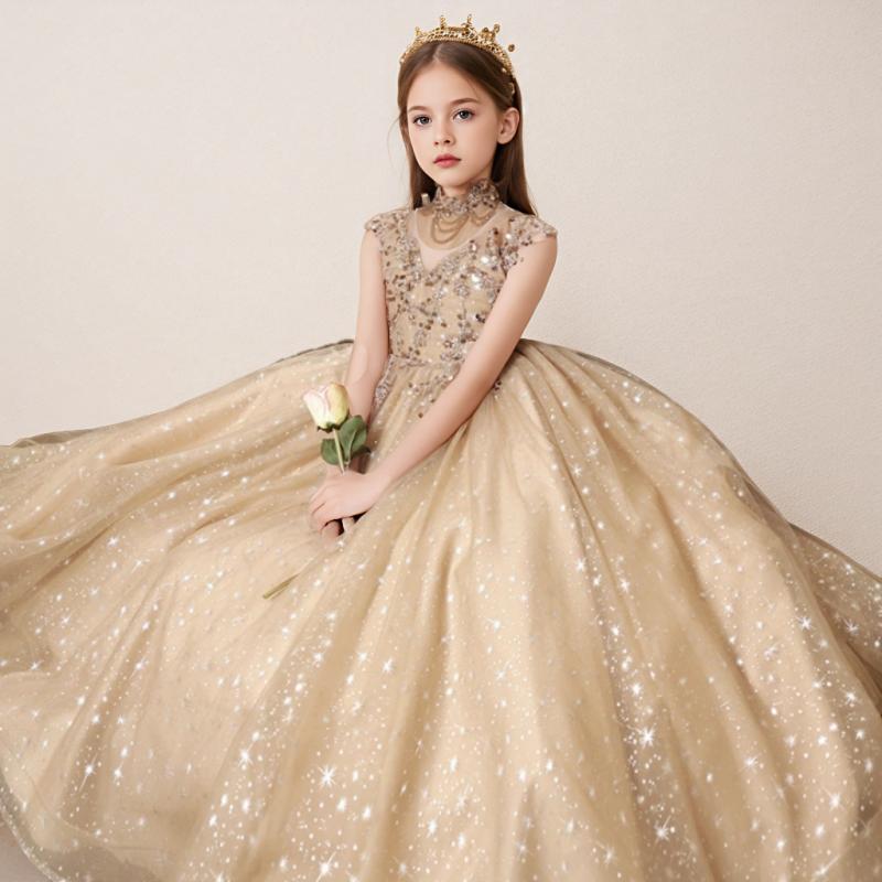 ドレス キッズ 女の子 プリンセス ピアノ発表会 フォーマル ロング 子供服 ジュニア 結婚式 誕生日 七五三 演奏会 チュール ベージュ