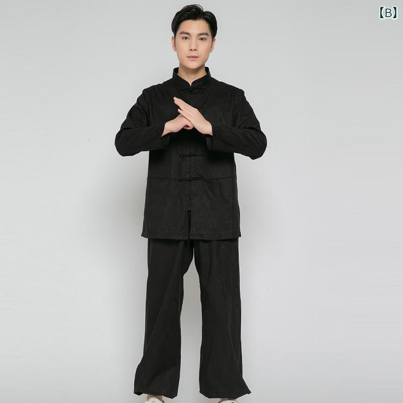 セットアップ メンズ 太極拳 服 練習着 武術 演舞服 カンフー 部屋着 唐装 亜麻混 ...