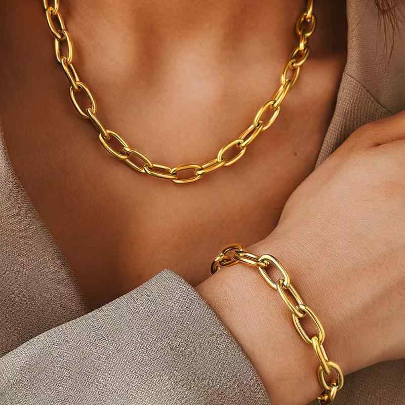 ネックレス レディース メンズ ジュエリーセット 2点セット アルミチェーン ブレスレット メタル 金属 アレルギー対応 電気メッキ加工 ゴールド シルバー シンプル カジュアル 首飾り 腕輪 アクセサリー