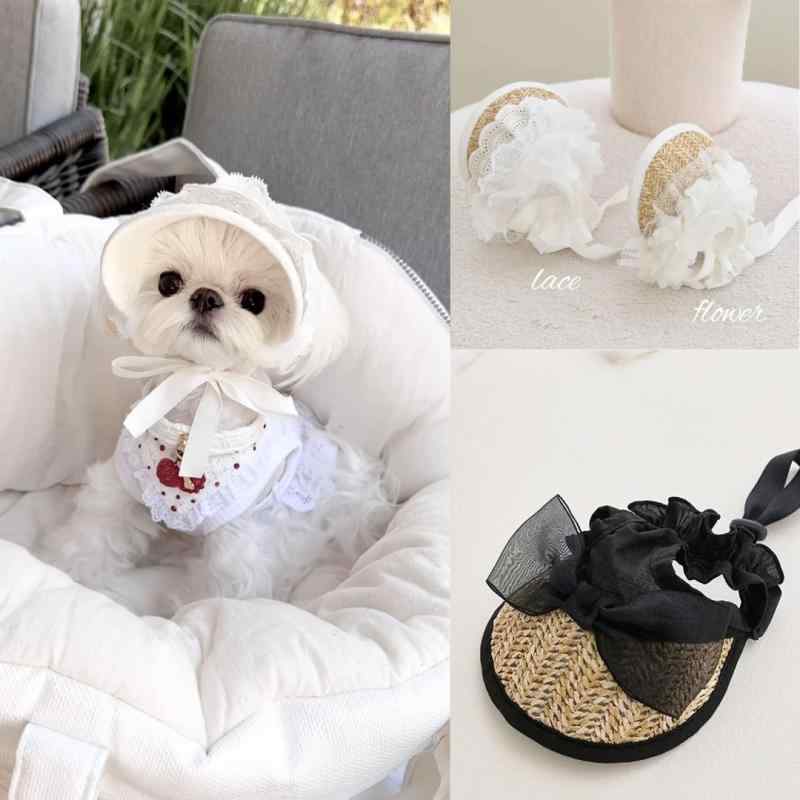 帽子 ペット用 猫 犬 麦わら帽子 ストローハット レース フレンチ風 手編みみ 日よけ 紫外線対策 顎紐 調整可能 かわいい 猫用帽子 犬用帽子 お出かけ 散歩 熱中症対策 ペットアクセサリー