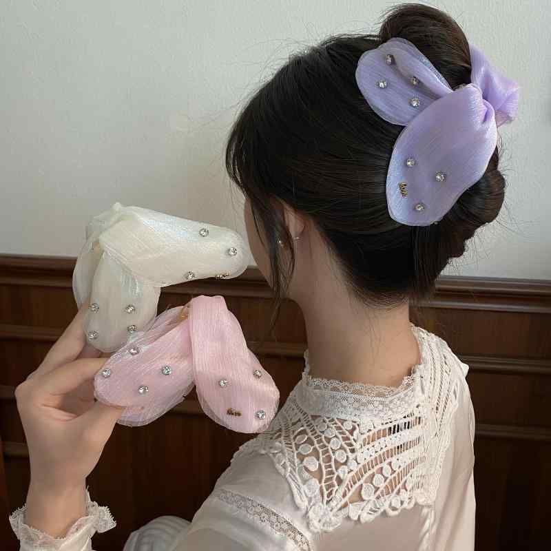 ヘアクリップ レディース オーガンジー リボン ラインストーン バンスクリップ 髪留め 髪飾り 大 大きめ ヘアアクセサリー まとめ髪 上品 エレガント キラキラ かわいい フェミニン