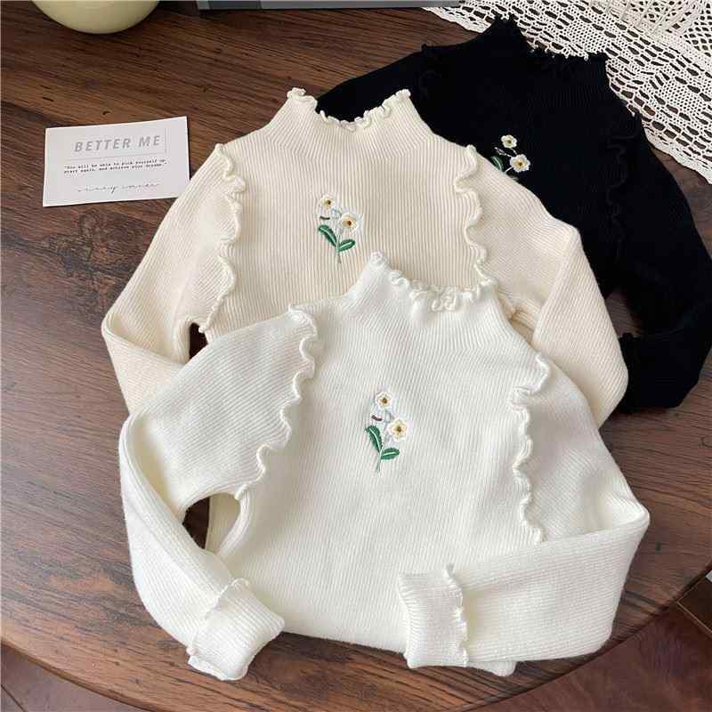ニット トップス キッズ 女の子 長袖 春秋 フリル 刺繍 花柄 伸縮性 カジュアル ハ...