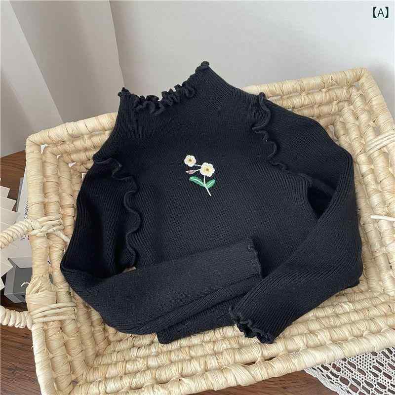 ニット トップス キッズ 女の子 長袖 春秋 フリル 刺繍 花柄 伸縮性 カジュアル ハ...