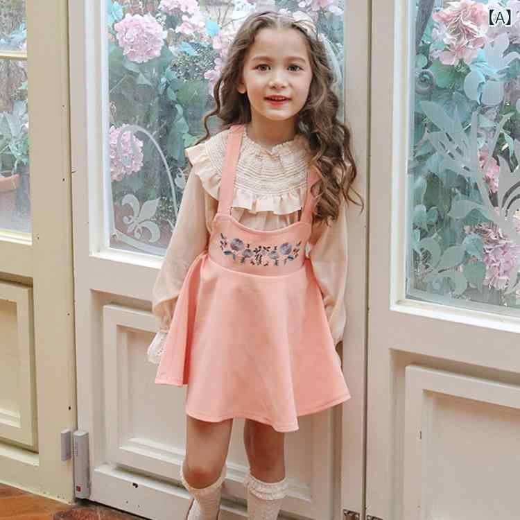 ふんわり暮らし鞄店のワンピース 女の子 キッズ 春秋 コットンダクロン 刺しゅう サスペンダー ドレス ジャンパースカート フリル バルーンスリーブ ピンク かわいい｜アングル2