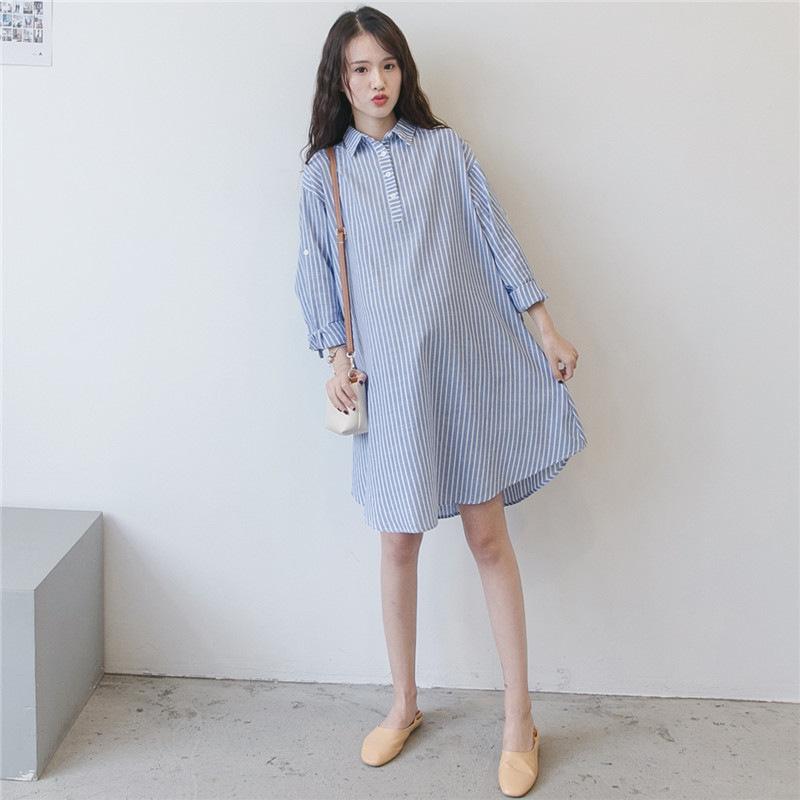 ワンピース レディース 妊婦 授乳服 マタニティウェア 秋 長袖 ミドル丈 トップス シャツ ブルー コットン