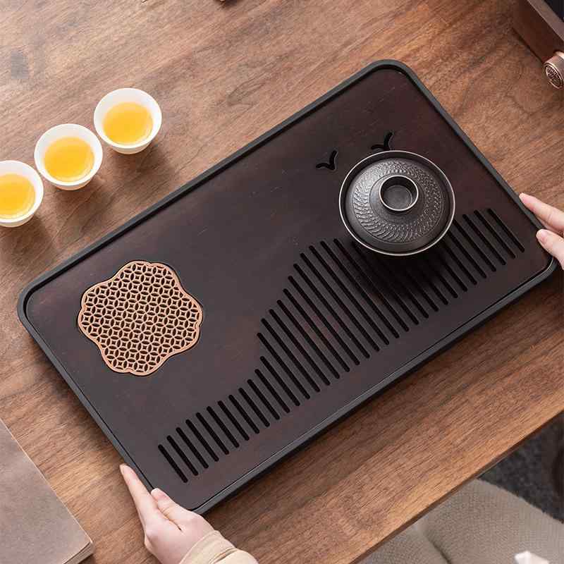 茶盤 竹製 小型 中型 排水式 貯水式 功夫茶具 茶台 トレイ お盆 高級感 レトロ 漆器風 ブラック