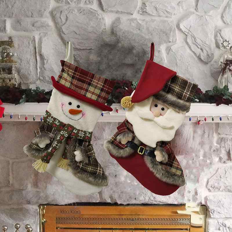 クリスマスソックス クリスマス飾り 靴下 灰色 サンタクロース 雪人 チェック柄 大きいサイズ 飾り付け 壁掛け デコレーション ラッピング ギフトバッグ