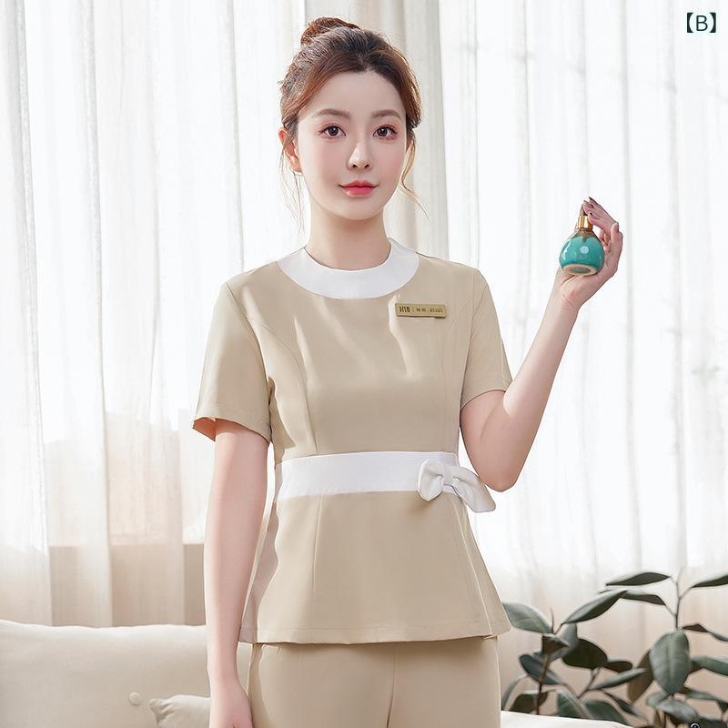 ふんわり暮らし鞄店のセットアップ レディース 半袖 春夏秋 サロン 制服 美容師 エステユニフォーム 整体院 施術着 吸湿速乾 動きやすい スッキリ 無地 きれいめ ロングパンツ｜アングル3