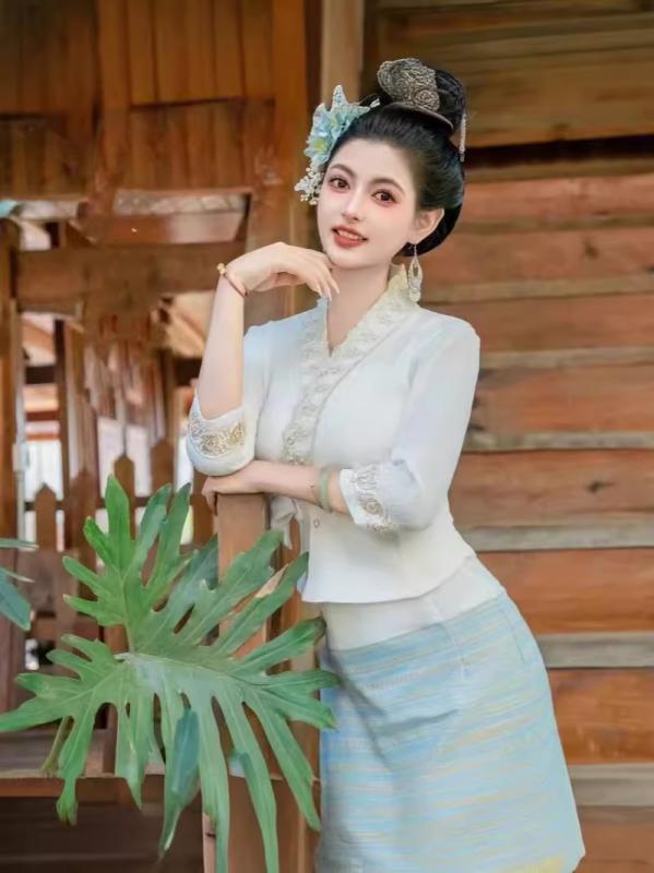 民族衣装 レディース 傣族 タイ族 伝統衣装 夏用 薄手 旅行 記念撮影 写真撮影 コスチューム ブルー ピンク