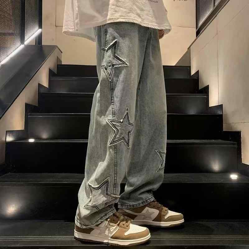 ジーンズ メンズ デニムパンツ ロングパンツ ジーパン ストレート ワイド レギュラーフィット 星型 ストリート系 カジュアル 春夏秋冬