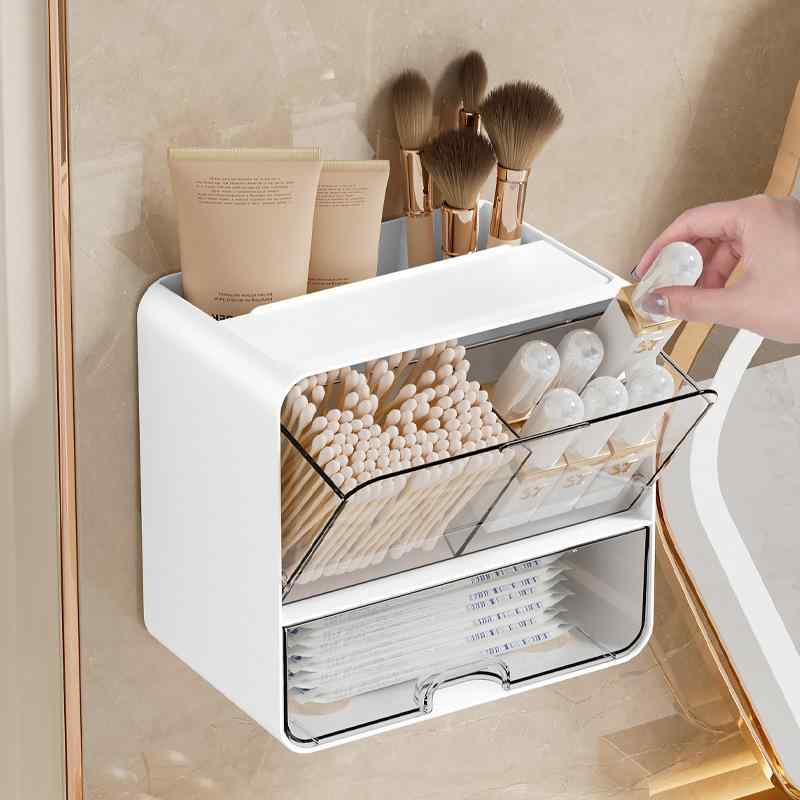 収納ボックス 壁掛式 家庭用 浴室 化粧コットン 綿棒 パフ 小物入れ 小物整理 ラッ...