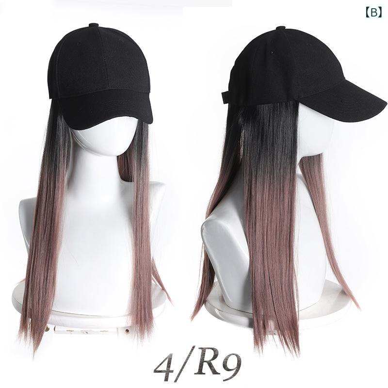 ふんわり暮らし鞄店の帽子 ウィッグ 一体型 レディース 棒球帽 キャップ ロング ストレート ヘア インナーカラー グラデーション エクステ 髪付き帽子 自然 かつら 便利 簡単装着｜アングル3