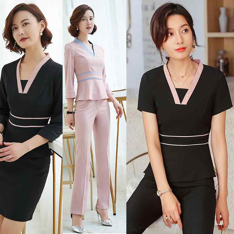 セットアップ レディース エステ ユニフォーム サロン 美容院 ホテル フロント 制服 半袖 七分袖 吸汗速乾 春夏秋 薄手 ストレッチ スカート パンツ ズボン