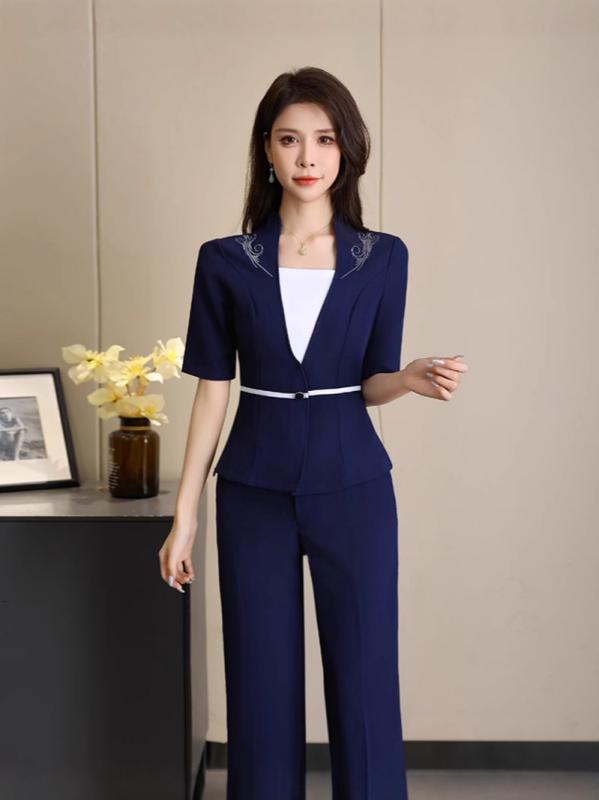 セットアップ レディース 半袖 トップス ロングパンツ 2点セット 足つぼ マッサージ セラピスト 施術 制服 エステ ユニフォーム サロン スパ 養生 会所 動きやすい 快適 吸汗速乾 ネイビー