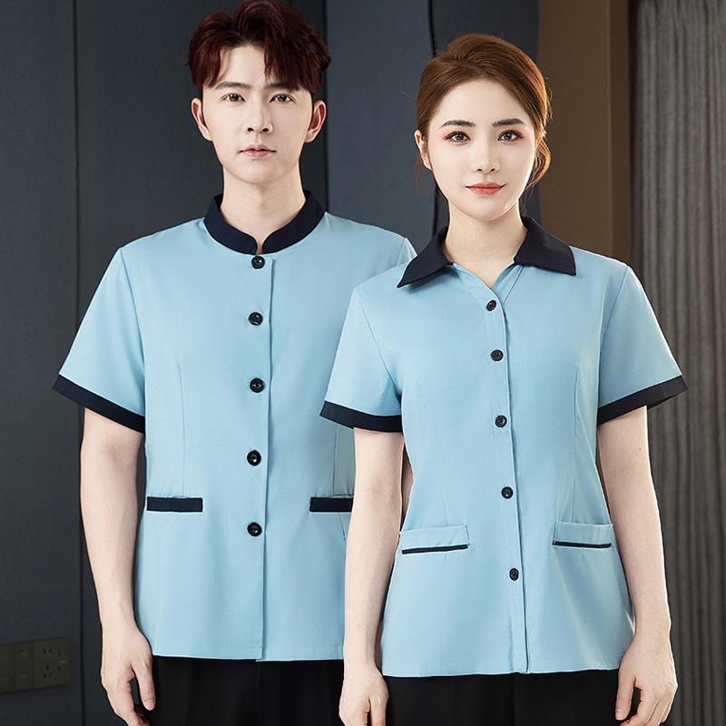 ・カテゴリ: 服装・用途: 保洁服（清掃服）・対象: 男女兼用・機能: 吸湿速乾・パンツ丈: 長ズボン・主な素材: ポリエステル、ポリウレタン・カラー展開: グレー、ブルー、ベージュ、ライトブルー、ライトグリーン・サイズ展開: L、XL、2XL、3XL、4X、5X、6X・上下分類: トップス・袖の種類: レギュラースリーブ・袖丈: 半袖・ネックライン: スタンドカラー・着丈: 標準丈（約50cm-65cm）