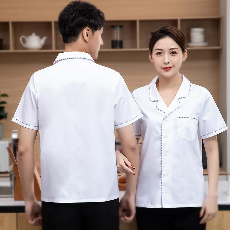 ・カテゴリ: 服装・用途: 厨師服・対象性別: 男女兼用・機能: 吸湿速乾・パンツ丈: 長ズボン・素材: ポリエステル、綿・カラー展開: ホワイト（レッドトリム）、ホワイト（ブルートリム）・サイズ展開: M、L、XL、XXL、XXXL、XXXXL・セット内容: トップス・袖丈: 半袖・襟型: テーラードカラー