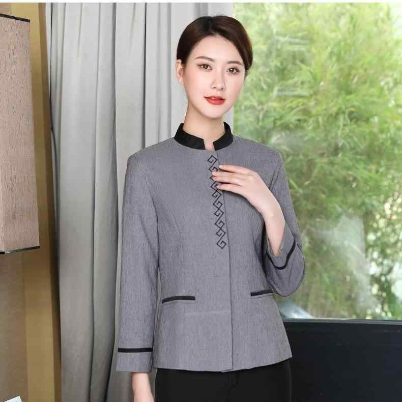 ・用途: 清掃服・対象性別: 女性・カテゴリ: 衣類・パンツ丈: 長ズボン・素材: 麻混紡・カラー展開: グレー、ベージュ・サイズ展開: L、XL、XXL、XXXL、4XL、5XL、6XL・上下衣類区分: トップス・袖の種類: レギュラースリーブ・袖丈: 長袖・襟型: スタンドカラー