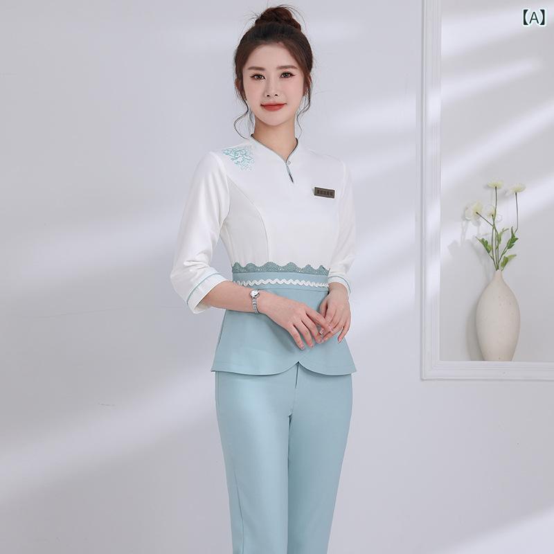 ユニフォーム レディース エステ サロン 美容院 足湯 スパ 制服 吸汗速乾 セットアップ 七分袖 パンツ スカート 作業着