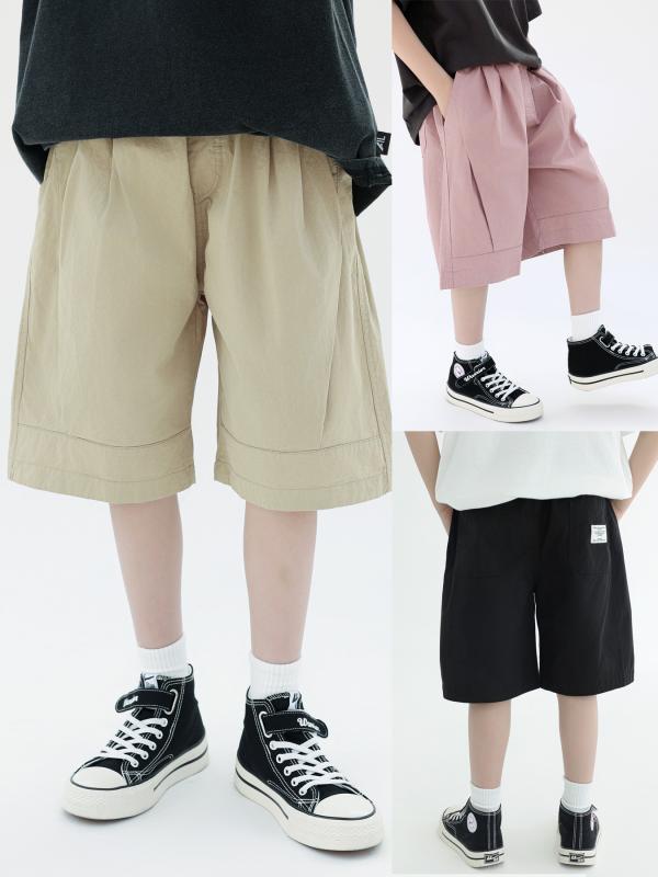 ・カテゴリ: 子供用パンツ・スタイル: ワークスタイル・主な素材: 綿 95%・パンツ丈: 5分丈（ハーフパンツ）・対象性別: 男女兼用・対象年齢: 中小の子供（3～8歳、100～140cm）・生地加工: 柔軟処理・柄: 無地、アルファベット・ウエスト: ミドルウエスト・前開き仕様: ゴムウエスト・カラー展開: カーキ、ピンク、ブラック・サイズ展開: 100cm、110cm、120cm、130cm、140cm、150cm、160