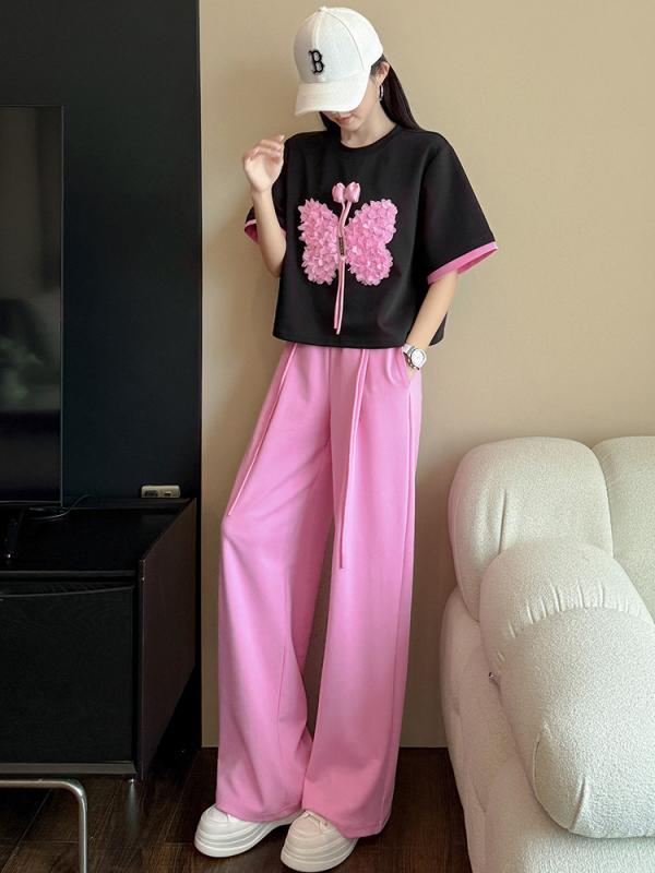 セットアップ レディース カジュアル 春夏 Tシャツ 半袖 丸首 アートプリント ワイドパンツ 長ズボン コットン 部屋着 通勤 楽ちん
