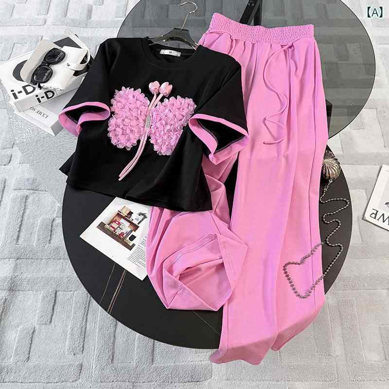 ふんわり暮らし鞄店のセットアップ レディース カジュアル 春夏 Tシャツ 半袖 丸首 アートプリント ワイドパンツ 長ズボン コットン 部屋着 通勤 楽ちん｜アングル2