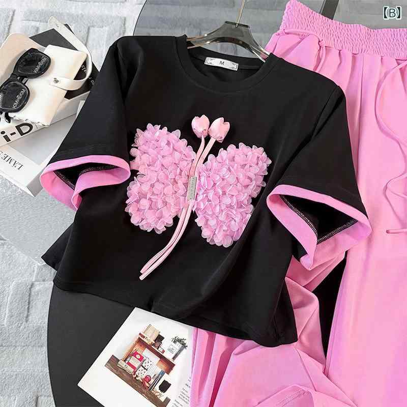 ふんわり暮らし鞄店のセットアップ レディース カジュアル 春夏 Tシャツ 半袖 丸首 アートプリント ワイドパンツ 長ズボン コットン 部屋着 通勤 楽ちん｜アングル3