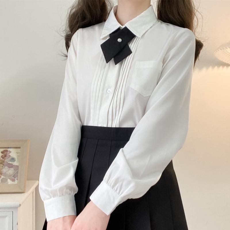 シャツ レディース 長袖 白シャツ JK制服 スクールシャツ ピンタック セーラー服 通学 部活 学生服 折り襟 春秋 かわいい おしゃれ ホワイト
