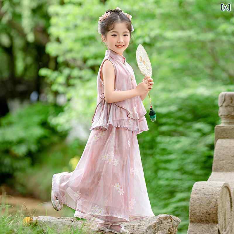 漢服 セットアップ キッズ 女の子 夏 半袖 七五三 端午の節句 子供服 唐装 ガールズ 中国風 古装 民族衣装 発表会 記念撮影 かわいい ジュニア チャイナドレス風 ピンク ポリエステル