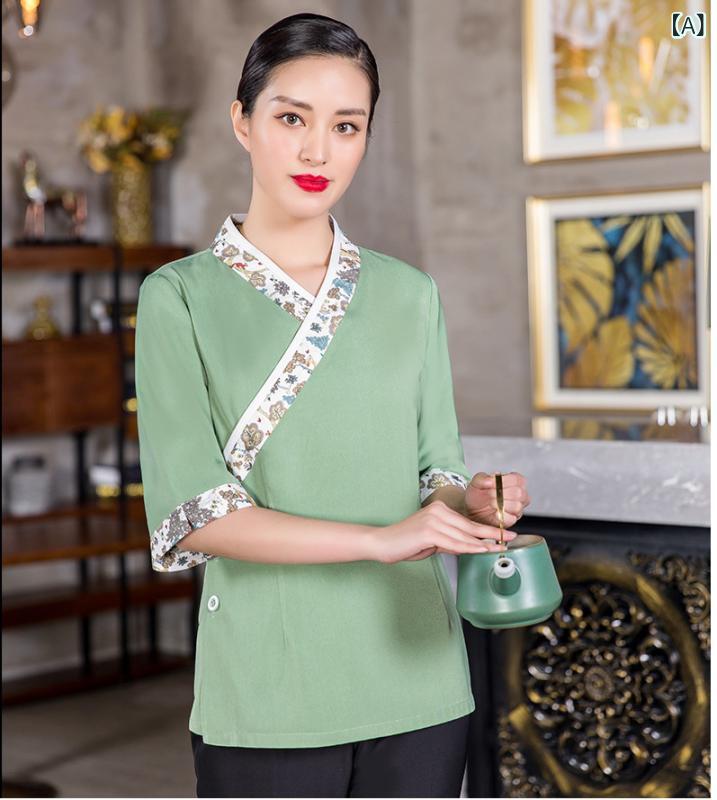 ・カテゴリ: 服装・用途: ホテルユニフォーム・対象性別: 男女兼用・機能: 吸湿速乾・パンツ丈: 長ズボン・素材: 化学繊維混紡・カラー展開: グリーン（レディース）、グリーン（メンズ）、グレー（レディース）、グレー（メンズ）・サイズ展開: L、XL、XXL、XXXL、XXXXL・袖型: レギュラースリーブ・袖丈: 七分袖・ネックライン: Vネック