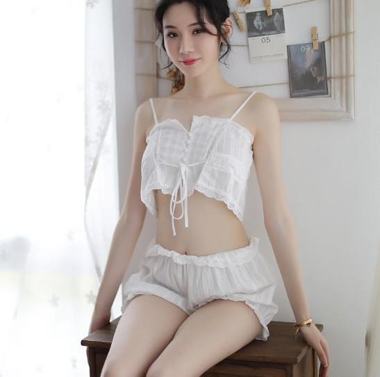 ベビードール レディース セクシー ランジェリー シースルー ジャガード キャミソール ショートパンツ 部屋着 インナー パジャマ 透け感 胸元 開き ボタン かわいい おしゃれ ホワイト