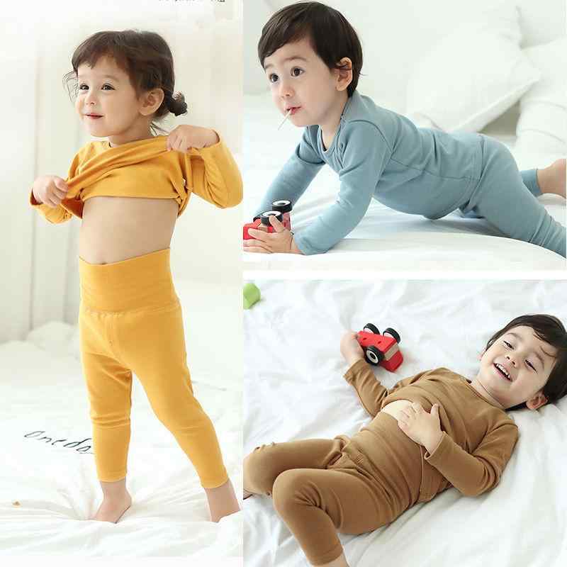 ベビー キッズ 子供用 パジャマ ルームウェア 肌着 インナー 上下セット 綿 コットン ハイウエスト 腹巻付き 厚手 保温 あったか 暖かい 柔らかい やさしい肌触り 秋冬 男女兼用 ユニセックス