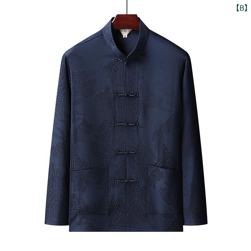 唐装 チャイナ服 メンズ シニア 中高齢者 セットアップ 上下セット 薄手 軽量 接触冷感 長袖 中華風 ポリエステル 春夏 祖父 おじいちゃん 誕生日 普段着 部屋着 soarsole-10506682 ふんわり暮らし鞄店 サンプル画像3