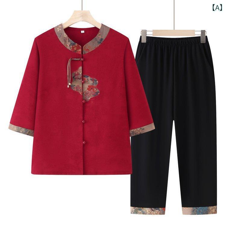 セットアップ レディース 中高年 シニア向け ツーピース 七分袖Tシャツ トップス 花柄刺繍 ゆったり カジュアル シフォン素材 薄手 夏物 soarsole-10507818 ふんわり暮らし鞄店 サンプル画像2