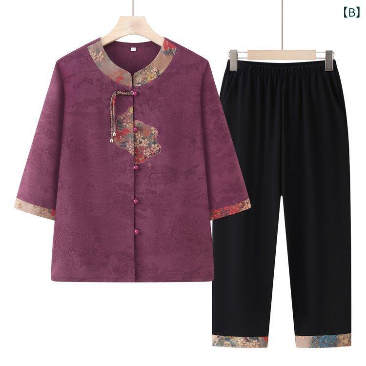 セットアップ レディース 中高年 シニア向け ツーピース 七分袖Tシャツ トップス 花柄刺繍 ゆったり カジュアル シフォン素材 薄手 夏物 soarsole-10507818 ふんわり暮らし鞄店 サンプル画像3