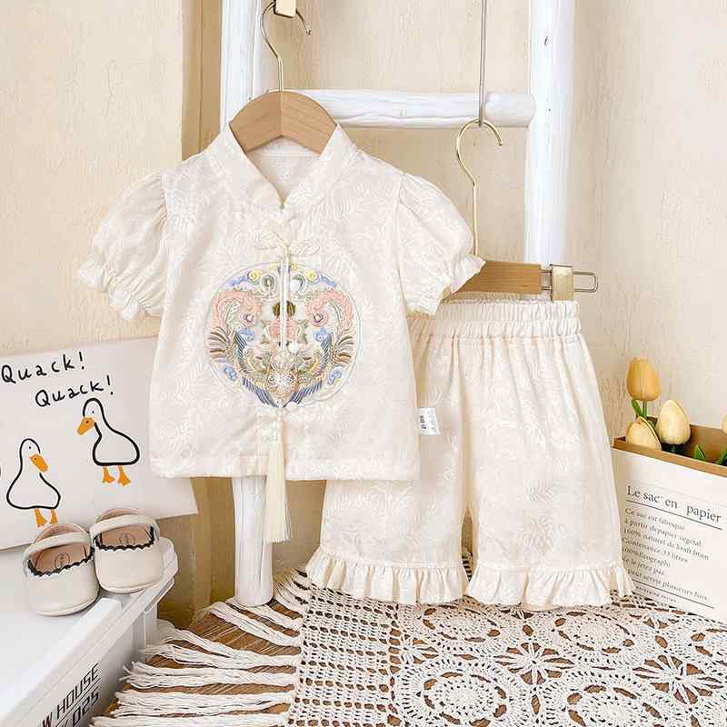 ベビー服 女の子 ツーピース セットアップ 中国風 漢服 赤ちゃん 乳幼児 お宮参り 百日祝い 1歳 誕生日 セレモニー フォーマル 春夏 半袖 パンツ 薄手 柔らかい ポリエステル オフホワイト
