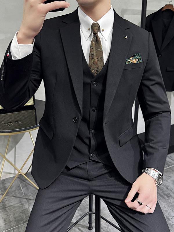 スーツ メンズ セットアップ スリムフィット ビジネス 結婚式 披露宴 礼服 新郎 伴郎 フォーマル 男性用 ジャケット スラックス ベスト ストレッチ ポリエステル混紡 ブラック ダークグレー 通年