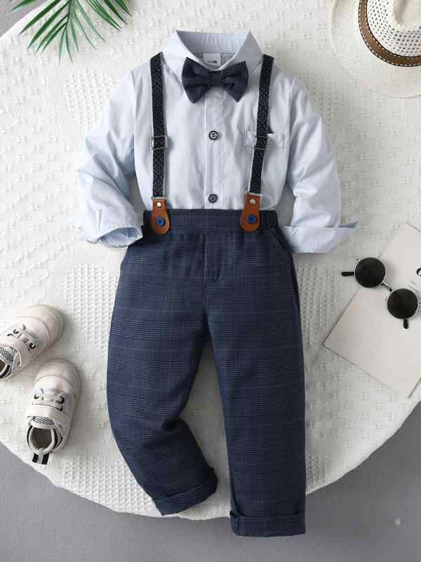 ・カテゴリ: キッズセットアップ・性別: 男の子用・スタイル: 欧米風・セット種類: パンツスーツ・セット点数: 2点セット・対象年齢: 中小児向け (3〜8歳、身長100〜140cm)・袖丈: 長袖・パンツ丈: 長ズボン・生地加工: 柔軟加工・厚さ: 普通・柄: チェック・デザイン要素: セットアップ、チェック、サスペンダー、可愛い、リボン、欧米風・主な素材: 綿95%・安全基準: B類・開閉様式: シングルボタン・カラー展開: ブルー・サイズ展開: 73cm (6-12ヶ月), 82cm (12-18ヶ月), 91cm (2-3歳), 100cm (3-4歳), 109cm (4-5歳), 118cm (5-6歳), 128cm (6-7歳)