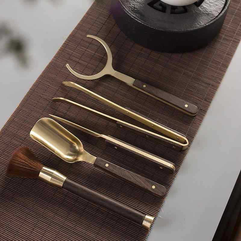 茶道具 茶器セット 茶道小物 家庭用 普段使い 純銅製 高級無垢材 黒檀 花梨 5点セット シンプルモダン 上質デザイン おしゃれな茶挟 茶刀 養壺筆 茶托 ティータイム