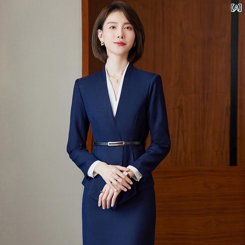 スーツ レディース 女性用 ビジネス オフィス セットアップ ジャケット パンツ フォーマル 面接 通勤 仕事用 着痩せ スリム効果 ポリエステル ビスコース素材 秋冬 ブルー系 ベージュ系 ツーピース soarsole-10513888 ふんわり暮らし鞄店 サンプル画像2