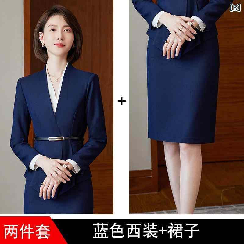 スーツ レディース 女性用 ビジネス オフィス セットアップ ジャケット パンツ フォーマル 面接 通勤 仕事用 着痩せ スリム効果 ポリエステル ビスコース素材 秋冬 ブルー系 ベージュ系 ツーピース soarsole-10513888 ふんわり暮らし鞄店 サンプル画像3