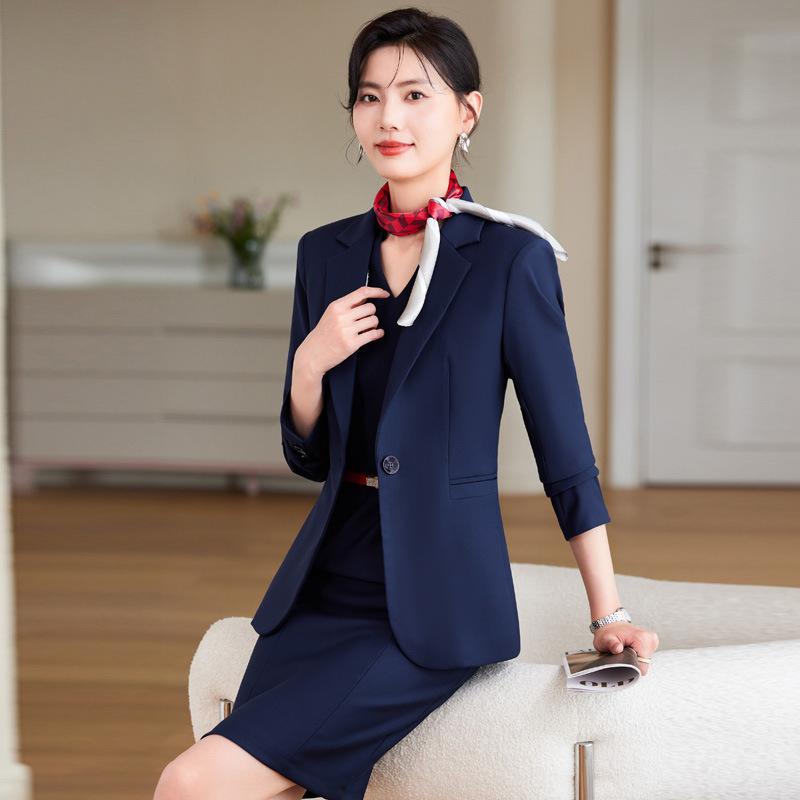 制服 レディース キャビンアテンダント ホテル受付 美容院 オフィス ビジネス 事務服 上品 高級感 シャツ ブラウス セットアップ スーツ ワンピース ポリエステル 秋冬 グレー ブルー レッド