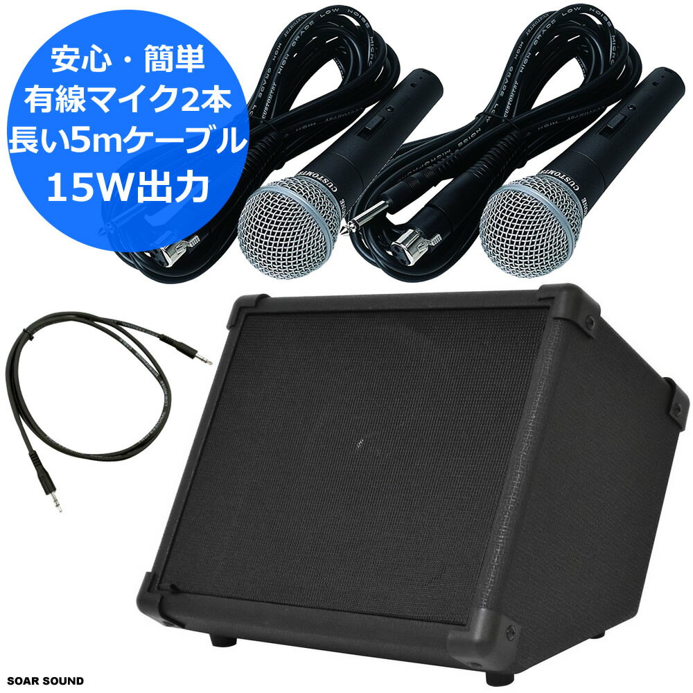 15W出力 長い5mケーブル アンプ内蔵アンプ + 有線マイク2本 セット 会議 講演会 司会 スピーチ 授業 に ワイヤレスマイクに比べて簡単・安心 整理番号 B15-WD2
