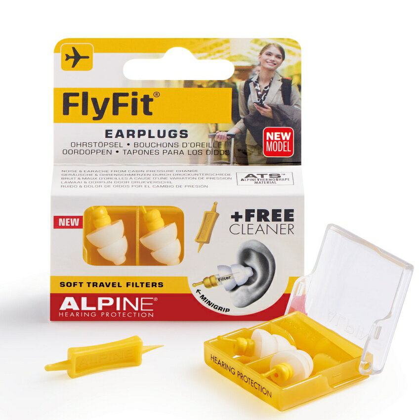 Alpine FlyFit は機内の騒音を緩和させ、離着陸の気圧変化による耳の痛みを防ぎます。また、イヤープラグを装着していても、会話は普段通り行うことが出来る様に設計されています。FlyFit は、柔らかい素材を使用しており、耳道にフィットする様に作られています。イヤープラグと共に、平穏で快適なフライトをお楽しみください。 ◆　フライト中の気圧変化による耳の痛みを緩和させます。 ◆　エンジン音や、キャビン内のノイズを吸収します。 ◆　装着時でも、会話を聞き取ることが出来ます。 ◆　AlpineThermoShape 素材で、心地よい装着感。 ◆　ユニークなソフトフィルター。 ◆　Alpine Cleaner付属で、簡単に掃除が出来ます。 ◆　持ち運びに便利なキャリングケース付。 ◆　車、電車、バス等にもご使用頂けます。 ◆　シリコン不使用。 ◆　Red Dot Award 2015受賞 内容 || ユニバーサル・サーモプラスチック・イヤープラグx1アコースティック・ソフト・フィルター　x2Alpineクリーナー　x1キャリングケース　x1Alpine 挿入スリーブ　x1 重量 || 0.03kg サイズ || 10 x 8 x 2 (cm) ※こちらの製品はお取り寄せとなります。 メーカーに在庫があれば2-3営業日ほどで入荷致しますが、もし在庫切れの場合は別途納期をご案内致します。 ご注文前の在庫確認、納期確認はお気軽にお問い合わせ下さい。