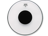 REMO（レモ）ドラムヘッド　コントロール・サウンド クリアータイプのフィルムの中央に“ブラックドット”と呼ばれるフィルムを装着し 余分な倍音をカット。 打面用としては太いアタックが得られ、 ボトムに使うと適度にサスティーンを抑え、サウンドをタイトに引き締める。
