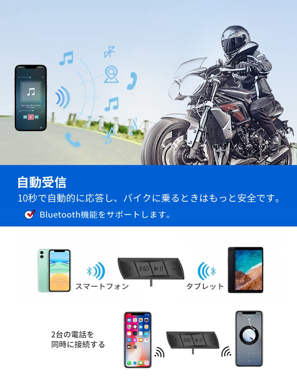 ヘルメット スピーカー Bluetooth【最新型改良】 バイク インカム 2台同時接続 オートバイヘルメットBluetoothヘッドセット