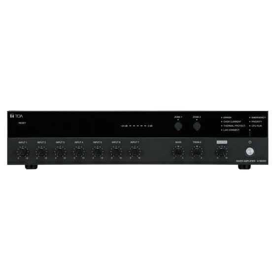 電源 AC100 V　50／60 Hz 定格出力 60 W 消費電力／電流 96 W（定格出力時），40 W（電気用品安全法による），200 mA以下（電源スイッチOFF時） 周波数特性 50 Hz～20 kHz　±3 dB（1／8定格出力時） 歪率 1 ％以下（1 kHz定格出力），20 kHz　LPF（AUX－0025） 音質調整 100 Hz，10 kHzにて±10 dB以上 SN比 マスターボリューム（最小）：88 dB以上 マスターボリューム（最大）：76 dB以上 INPUT1～6：55 dB以上 INPUT7：72 dB以上 （JIS－A） 音声入力 INPUT1，2：－60 dB（＊1）（マイク）／－20 dB（＊1）（ライン）　切換式　600 Ω　 　　　　　　　　　電子バランス　着脱式ターミナルブロック（3P） 　　　　　　　　　※マイクはファンタム電源DC24 V（スイッチにてON／OFF可能） INPUT3，4：－60 dB（＊1）　600 Ω　電子バランス　着脱式ターミナルブロック（3P） 　　　　　　　　　※ファンタム電源DC24 V（スイッチにてON／OFF可能） INPUT5，6：マイク（BUS1）／ライン（BUS2）切換式 　マイク：－60 dB（＊1）　600 Ω　電子バランス　着脱式ターミナルブロック（3P） 　ライン：－20 dB（＊1）　10 kΩ　不平衡　RCAピンジャック×2 INPUT：－20 dB（＊1）　10 kΩ　不平衡　RCAピンジャック×2 パワーアンプ：0 dB（＊1）　600 Ω　不平衡　RCAピンジャック 入力バス INPUT1~4：BUS1 INPUT5，6：BUS1／BUS2切換式 INPUT7：BUS2 音声出力 スピーカー：ローインピーダンス（8～16 Ω）／ハイインピーダンス（ダイレクト，ZONE1／ZONE2：100系／合成170 Ω）　着脱式ターミナルブロック（6P） 　　　　　　　（ZONE1／ZONE2は選択式，1ZONE当たり最大60 W） 録音：0 dB（＊1）　600 Ω　不平衡　RCAピンジャック ライン1，2：0 dB（＊1）　600 Ω　不平衡　RCAピンジャック（※ゾーン選択と連動可能） 制御入力 4系統　無電圧メイク接点　開放電圧：DC35 V以下，短絡電流：10 mA以下　 着脱式ターミナルブロック（4P） リモートボリューム：着脱式ターミナルブロック（4P） ゾーン制御入力：無電圧メイク接点　開放電圧：DC35 V以下，短絡電流：10 mA以下　着脱式ターミナルブロック（4P） 制御出力 リモート出力：オープンコレクター出力　耐電圧：DC30 V以下，許容電流：25 mA以下　着脱式ターミナルブロック（4P） 緊急出力：オープンコレクター出力　耐電圧：DC30 V以下，許容電流：25 mA以下　着脱式ターミナルブロック（4P） ゾーン制御出力：オープンコレクター出力　耐電圧：DC30 V以下，許容電流：25 mA以下　着脱式ターミナルブロック（4P） チャイム 1音，2音，上り4音またはチャイムなし（スイッチにて選択可能） 表示 5ポイントLEDレベルメーター，電源表示灯，ネットワーク接続確認表示灯，優先放送中表示灯，緊急放送中表示灯，温度保護発生中表示灯，過電流保護発生中表示灯，CPU動作中表示灯，異常発生中表示灯，ゾーン1表示灯，ゾーン2表示灯 使用温度範囲 －10 ℃～＋40 ℃ 使用湿度範囲 85 ％RH以下（ただし結露のないこと） 仕上 パネル：ABS樹脂　黒（マンセルN1．0近似色） ケース：表面処理鋼板　黒（マンセルN1．0近似色）　塗装 寸法 420（W）×96．1（H）×313．1（D） mm 質量 5 kg 付属品 電源コード（2 m）…1，音声入力用着脱式ターミナルプラグ（3．81 mm，3P）…6，制御入出力用着脱式ターミナルプラグ（3．81 mm，4P）…4，リモート制御用着脱式ターミナルプラグ（3．5 mm，4P）…2，スピーカー出力用着脱式ターミナルプラグ（5 mm，6P）…1，ボリュームカバー…4 別売品 ラックマウント金具：MB－23B 通気パネル：PF－013B （＊1）0 dB＝1 Vマイク入力4系統、予備入力3系統および2局ゾーンセレクターを内蔵したPAアンプです。 各入力個別の音量調整機能に加え、優先放送機能、チャイム機能、信号処理機能、状態確認機能を搭載しています。 また、PFC回路を採用しています。 学校や事務所、スーパーマーケット等での呼び出し放送やBGM放送に最適です。