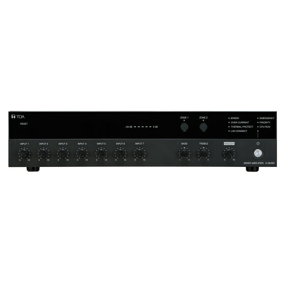 電源 AC100 V　50／60 Hz 定格出力 480 W 消費電力／電流 636 W（定格出力時），113 W（電気用品安全法による），200 mA以下（電源スイッチOFF時） 周波数特性 50 Hz～20 kHz　±3 dB（1／8定格出力時） 歪率 1 ％以下（1 kHz定格出力），20 kHz　LPF（AUX－0025） 音質調整 100 Hz，10 kHzにて±10 dB以上 SN比 マスターボリューム（最小）：88 dB以上 マスターボリューム（最大）：76 dB以上 INPUT1～6：55 dB以上 INPUT7：72 dB以上 （JIS－A） 音声入力 INPUT1，2：－60 dB（＊1）（マイク）／－20 dB（＊1）（ライン）　切換式　600 Ω　電子バランス　着脱式ターミナルブロック（3P） 　　　　　　　　　※マイクはファンタム電源DC24 V（スイッチにてON／OFF可能） INPUT3，4：－60 dB（＊1）　600 Ω　電子バランス　着脱式ターミナルブロック（3P） 　　　　　　　　　※ファンタム電源DC24 V（スイッチにてON／OFF可能） INPUT5，6：マイク（BUS1）／ライン（BUS2）切換式 　マイク：－60 dB（＊1）　600 Ω　電子バランス　着脱式ターミナルブロック（3P） 　ライン：－20 dB（＊1）　10 kΩ　不平衡　RCAピンジャック×2 INPUT7：－20 dB（＊1）　10 kΩ　不平衡　RCAピンジャック×2 パワーアンプ：0 dB（＊1）　600 Ω　不平衡　RCAピンジャック 入力バス INPUT1~4：BUS1 INPUT5，6：BUS1／BUS2切換式 INPUT7：BUS2 音声出力 スピーカー：ローインピーダンス（4～16 Ω）／ハイインピーダンス（ダイレクト，ZONE1／ZONE2：100系／合成21 Ω）　着脱式ターミナルブロック（6P） 　　　　　　　（ZONE1／ZONE2は選択式，1ZONE当たり最大480 W） 録音：0 dB（＊1）　600 Ω　不平衡　RCAピンジャック ライン1，2：0 dB（＊1）　600 Ω　不平衡　RCAピンジャック（※ゾーン選択と連動可能） 制御入力 4系統　無電圧メイク接点　開放電圧：DC35 V以下，短絡電流：10 mA以下　 着脱式ターミナルブロック（4P） リモートボリューム：着脱式ターミナルブロック（4P） ゾーン制御入力：無電圧メイク接点　開放電圧：DC35 V以下，短絡電流：10 mA以下　着脱式ターミナルブロック（4P） 制御出力 リモート出力：オープンコレクター出力　耐電圧：DC30 V以下，許容電流：25 mA以下　着脱式ターミナルブロック（4P） 緊急出力：オープンコレクター出力　耐電圧：DC30 V以下，許容電流：25 mA以下　着脱式ターミナルブロック（4P） ゾーン制御出力：オープンコレクター出力　耐電圧：DC30 V以下，許容電流：25 mA以下　着脱式ターミナルブロック（4P） チャイム 1音，2音，上り4音またはチャイムなし（スイッチにて選択可能） 表示 5ポイントLEDレベルメーター，電源表示灯，ネットワーク接続確認表示灯，優先放送中表示灯，緊急放送中表示灯，温度保護発生中表示灯，過電流保護発生中表示灯，CPU動作中表示灯，異常発生中表示灯，ゾーン1表示灯，ゾーン2表示灯 使用温度範囲 －10 ℃～＋40 ℃ 使用湿度範囲 85 ％RH以下（ただし結露のないこと） 仕上 パネル：ABS樹脂　黒（マンセルN1．0近似色） ケース：表面処理鋼板　黒（マンセルN1．0近似色）　塗装 寸法 420（W）×96．1（H）×313．1（D） mm 質量 5．2 kg 付属品 電源コード（2 m）…1，音声入力用着脱式ターミナルプラグ（3．81 mm，3P）…6，制御入出力用着脱式ターミナルプラグ（3．81 mm，4P）…4，リモート制御用着脱式ターミナルプラグ（3．5 mm，4P）…2，スピーカー出力用着脱式ターミナルプラグ（5 mm，6P）…1，ボリュームカバー…4 別売品 ラックマウント金具：MB－23B 通気パネル：PF－013B （＊1）0 dB＝1 Vマイク入力4系統、予備入力3系統および2局ゾーンセレクターを内蔵したPAアンプです。 各入力個別の音量調整機能に加え、優先放送機能、チャイム機能、信号処理機能、状態確認機能を搭載しています。 また、PFC回路を採用しています。 学校や事務所、スーパーマーケット等での呼び出し放送やBGM放送に最適です。