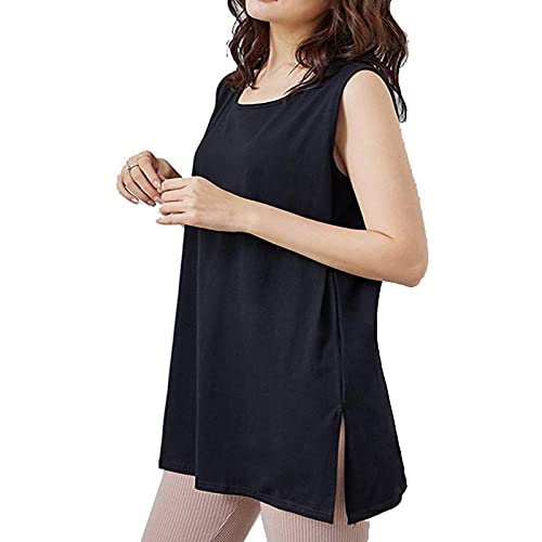 [OYUEGE] タンクトップ レディース 無地 クルーネック ノースリーブ レディース夏 ゆったり レイヤードトップス 重ね着レイヤード コーデ 綿 ロングtシャツレディース かわいい カジュアル 速